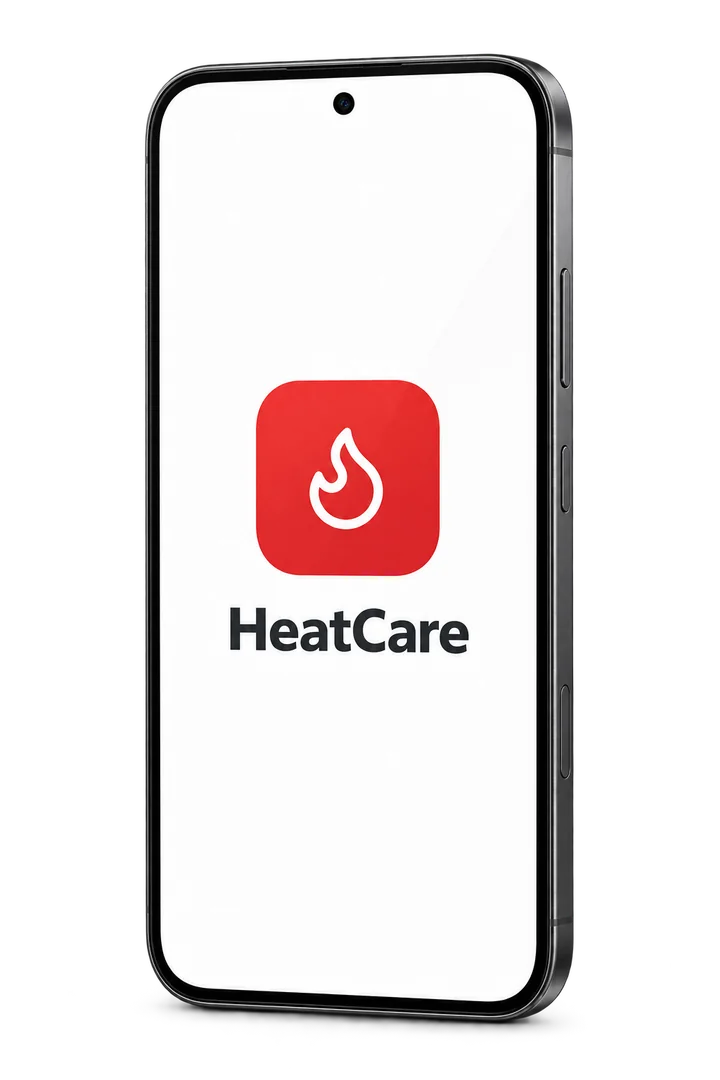 Telefon z logo aplikacji HeatCare — biały płomień na czerwonym tle i nazwa HeatCare